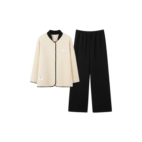 Экрю топ + черные штаны женский комплект пижам