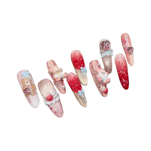 OEING Клубничный And Медвежонок Съемный Nail Art Ручная работа Sweetie Длинный Handcrafted False Nail Овал Красный Градиентный Милый