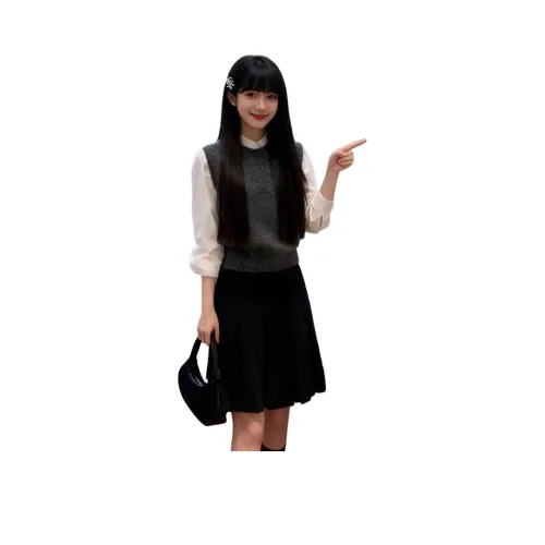 YOUSEKOO Белая рубашка + Серый жилет + Черная юбка Женские комплекты с юбкой