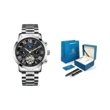 Серебряный корпус с черным циферблатом, серебряный стальной браслет + коробка + запасной ремешок