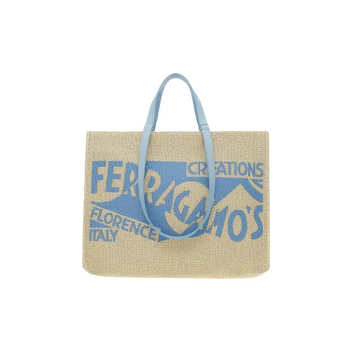 FERRAGAMO Raffia Телячья кожа Тоут Сумка Сумка для покупок Сумка Большая Женская Естественный Небесно-голубой