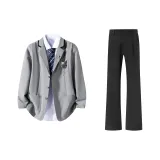 Серый+Белый Рубашка+Галстук+Черные Брюки