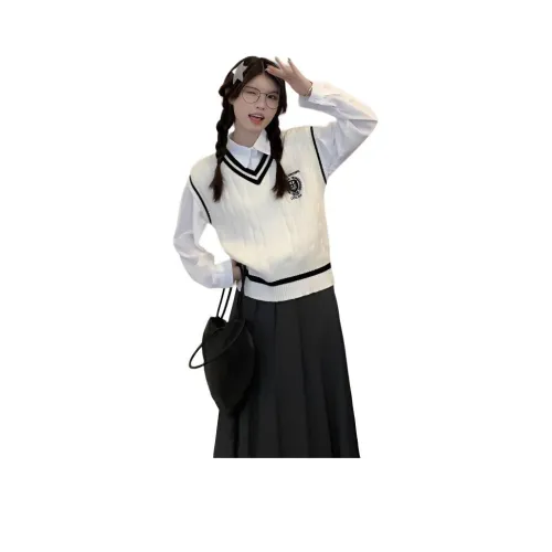 YOUSEKOO Абрикос Жилет + Белая Рубашка Женская Трикотаж