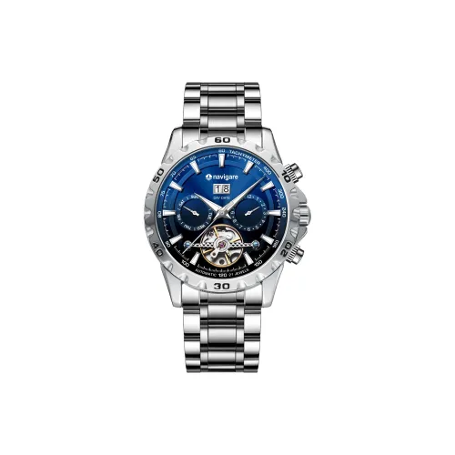 NAVIGARE Механическое механическое часы Стальной ремешок Мужские часы Синий циферблат