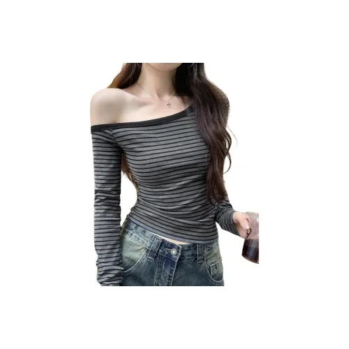 AWAO Серый и Черный Полосы Женские T-Рубашки