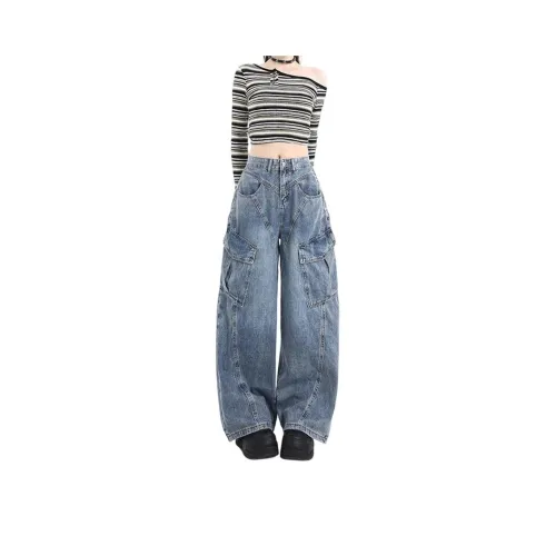 Olivia Share777 Черно-белые полосы Wa Синий Женские Джинсы