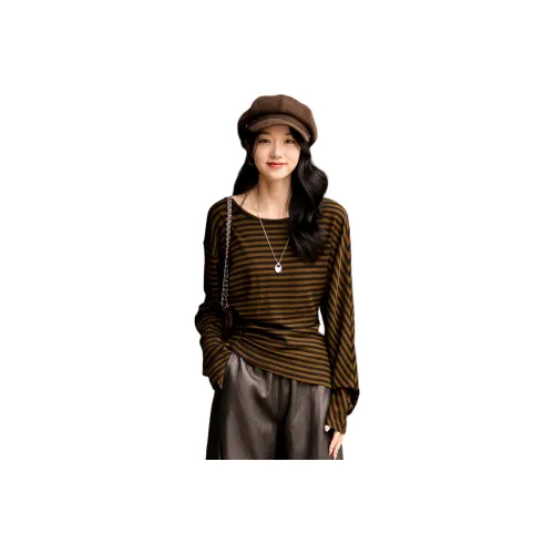 LADYXIEXIE Коричнево-кофейный черные полосы с брендом LD наклеенный женские T-рубашки