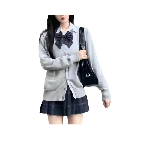 YOUSEKOO Светло-серый кардиган + Белая рубашка + Угольно-серый Check юбка Женские комплекты с юбкой