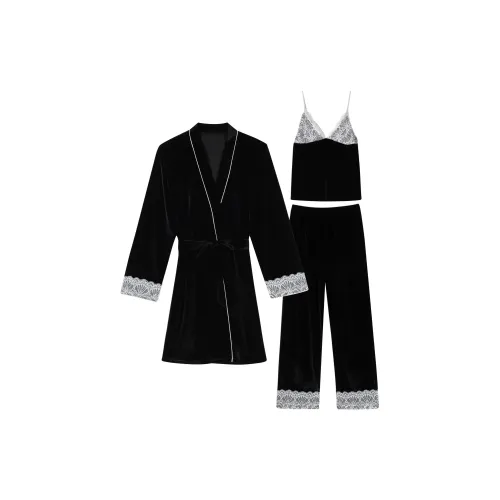 IIZZINI Черный Золото Велюр Цветовой блок Женские Набор из 3 шт Женские Пижамные комплекты