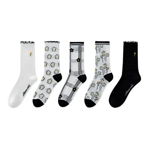 MADALLO [5 пар] Белый + Белый с цветочным дизайном + Белая клетка + Белый маленький цветок + Черные женские носки MID до икры