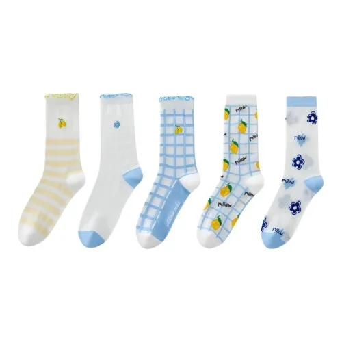 MADALLO [5 пар] Белый Желтый + Белый Синий + Белая Клетка + Белый Лимон + Белый Цветочный Женские Носки MID до икры