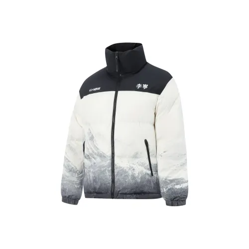 LiNing Fondue Down Series Пуховик Унисекс Айвори Snow Mountains Фиксация С принтом Черный