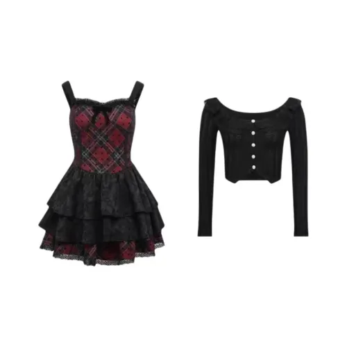 DANCANG Красный Черный Клетка Женские Комплекты с Юбкой