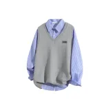 Серый + Светло-синий Полосатый Рубашка + Съемный Черный Брошь