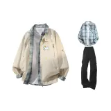 Абрикос + Черный Брюки + Светло-Синяя Рубашка