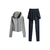 Серый пальто, двухкомпонентный комплект (темно-синие серые штаны)