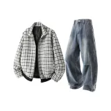 Чёрный клетчатый топ + тёмно-синие штаны