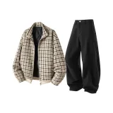 Хаки клетка топ + черные штаны