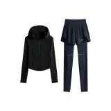 Черное пальто, двухкомпонентный комплект (темно-синие, серые штаны)