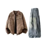 Коричневый (утеплённый) + винтажные синие штаны