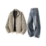 Хаки Клетка Топ + Темно-Синие Штаны