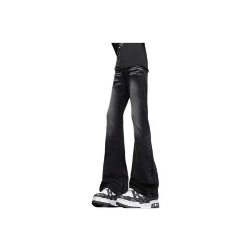 MKIEZER Черный [Willow Лист Расклешенный Узкий стиль] Полуэластичный пояс с ремнем Бесплатный дизайн Унисекс Джинсы