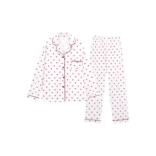 PAOPAOXIANJING Белый Сердце Пижама [Длинный рукав] Брюки Женские Пижамные комплекты