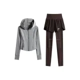 Серое пальто, двухкомпонентный комплект (темно-дубовые штаны)