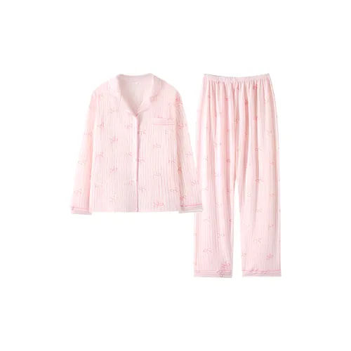 PAOPAOXIANJING Розовый Бант Пижама [Длинный рукав] Брюки Женские Пижамные комплекты
