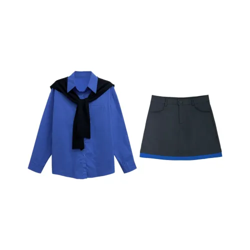 MIMIZI Blue Shirt + Gray Skirt Women's Casual Suits MIMIZI Синий Рубашка + Серая Юбка Женские Повседневные Костюмы