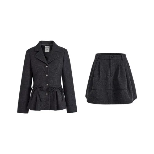 KUOSE Черное Серое Шерстяное Пальто 0009 + Черное Серое Юбка 10009 Женские Повседневные Костюмы