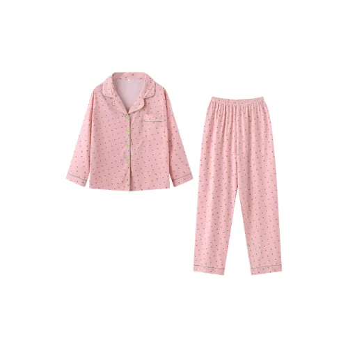 PAOPAOXIANJING Розовый Клубничный Пижама [Длинный рукав] Брюки Женские Пижамные комплекты