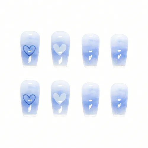ECOHOME Свежий Градиентный False Nail MID Длина (размер в длину) Сине-белый Сердце Лаковые полоски Трапециевидный Белый и синий цвет Размытие