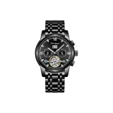 Черный корпус, черный циферблат, стальной ремешок, стиль