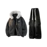 Серый хлопковый пуховик (без принта) + черные штаны (с флисовой подкладкой)