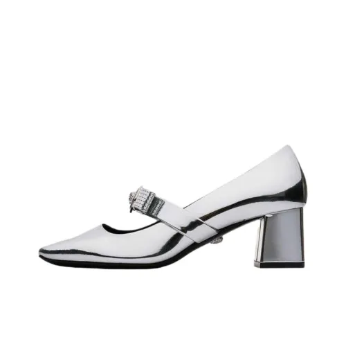 VERSACE Туфли Мэри Джейн с грубым каблуком женские серебряные