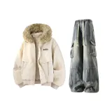 Хаки хлопковый пуховик (без рисунка) + синие штаны (с флисовой подкладкой)