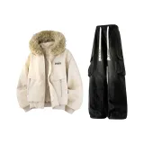 Хаки хлопковый пуховик (без рисунка) + черные штаны (с флисовой подкладкой)