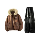 Коричневый хлопковый пуховик (без принта) + черные штаны (с флисовой подкладкой)