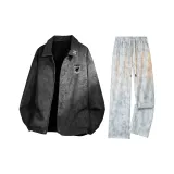 Чёрная серая куртка + белые тай-дай повседневные штаны