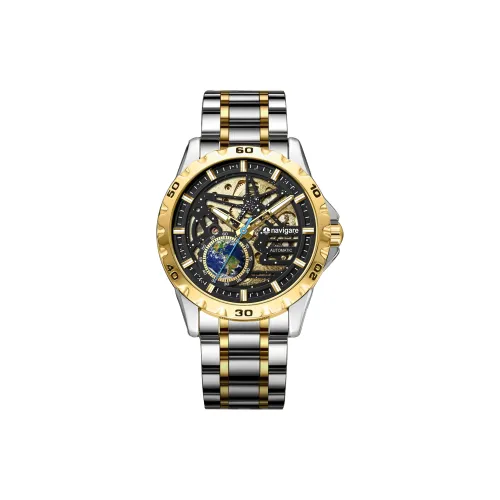 NAVIGARE Механическое механическое часы Стальной ремешок Мужские часы Золотой циферблат