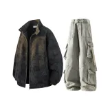 Чёрная флисовая подкладка куртка + винтажные синие карго штаны