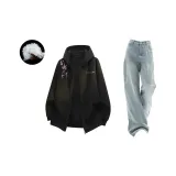 Комплект одежды (Черный кардиган с флисовой подкладкой + Светло-синие джинсы)