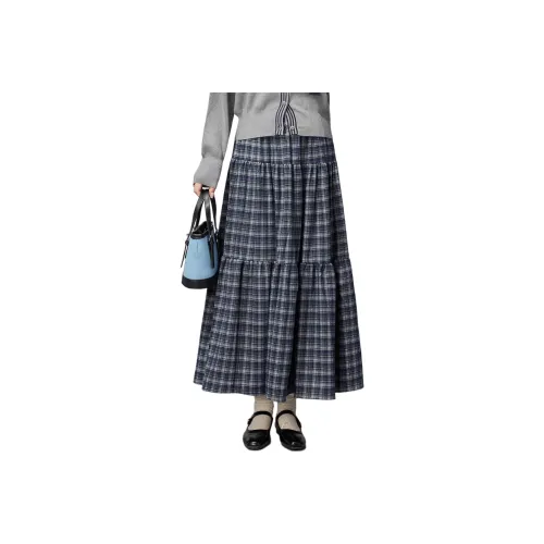 TXGN Blue Plaid Women's Casual Long Skirts TXGN Синие Клетчатые Женские Повседневные Длинные Юбки