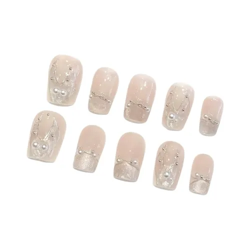 Rui Jin Mermaid Pearl Французский Кошачий глаз Ручной работы HAND DRAWN False Nail Короткий Серебряный Однотонный Сияние 18mm