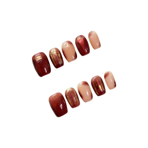 Rui Jin Late Кленовый Опавшие листья Стиль Майярд Handcrafted False Nail Короткий LADDER Карамель Градиентный Однотонный 18mm