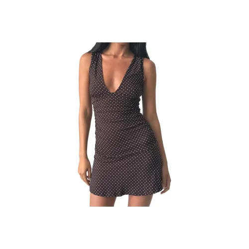 Motel Rocks FW25 Luscian Plunge Мини Платье Микро Полка Коричневый Без рукавов Платье Женские