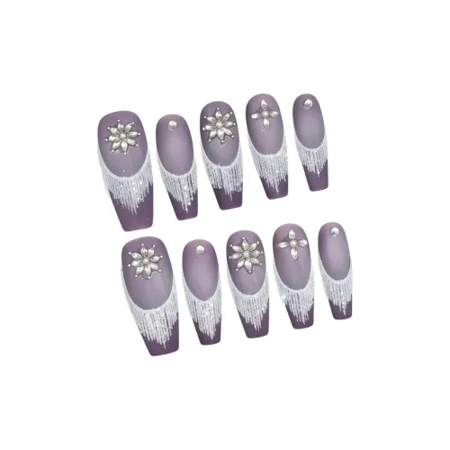 Yun Yue Joe Матовый Снежинка Sugar Пудра Кошачий глаз False Nail Длинный Фиолетовый Однотонный Французский