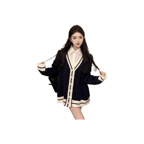 MDEHT Темно-синий свитер + Белая рубашка + Галстук Женские повседневные костюмы