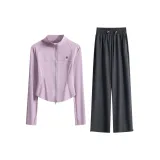 Мягкий фиолетовый комплект из двух предметов с длинными рукавами (серые штаны)